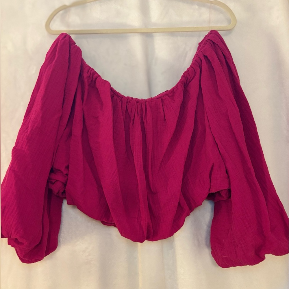 Future Collective Off-the-Shoulder Balloon Sleeve Top – Hot Pink